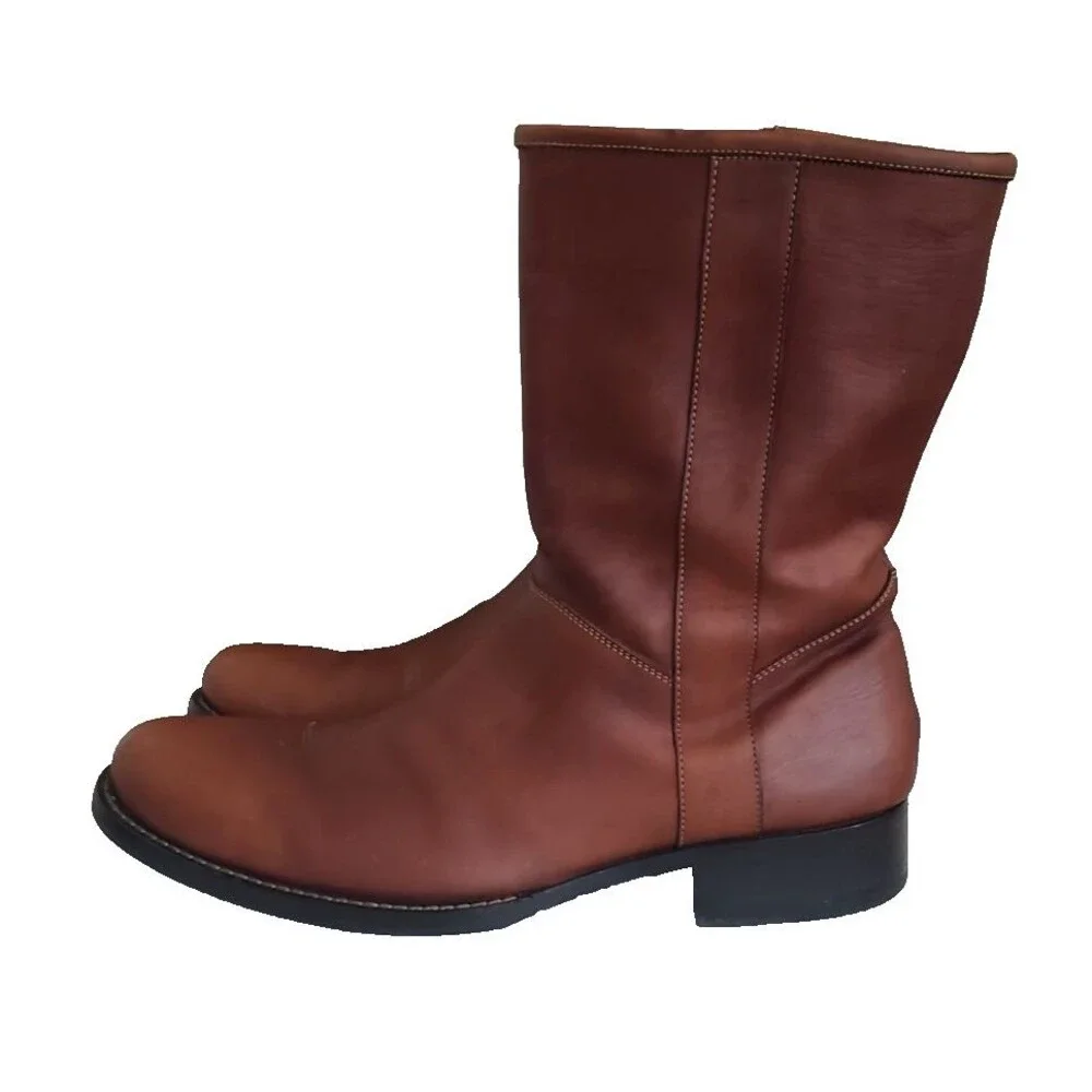 Cole Haan Maurice C06704 Mens 11.5 Brown Leather Side Zip Moto Biker Boots Chunk